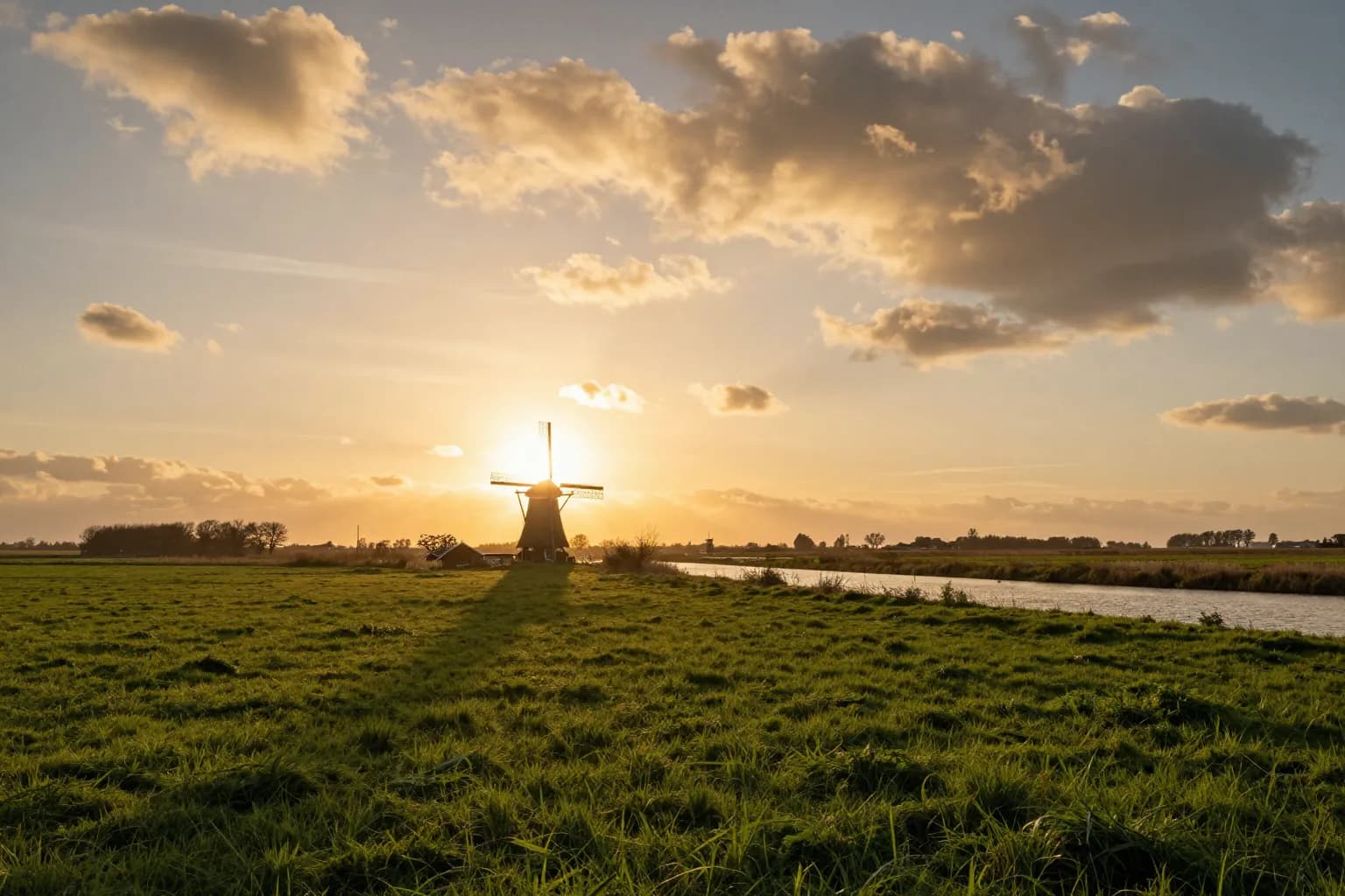 Weids polderpanorama met molen in avondlicht