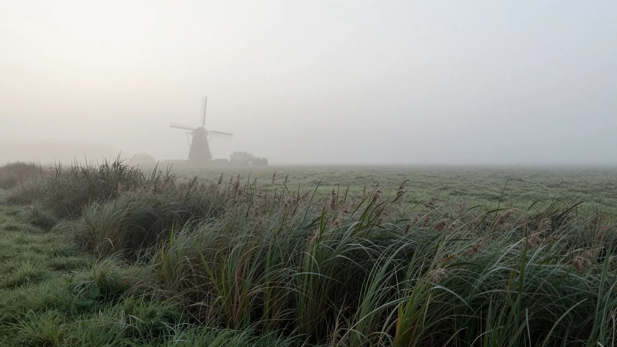 Ochtendmist over de polder met een vage molen